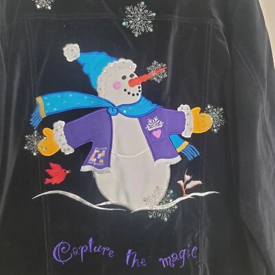 Quacker Factory 1X Holiday Capture the Magic Black Velvet Button Jacket Snowman - Image 1 of 4