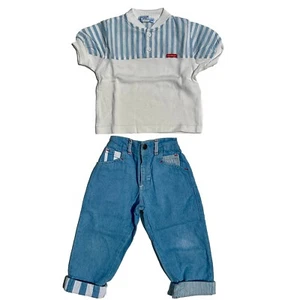 Vtg Oshkosh 2 Piece Outfit Jeans Cuffed Striped Shirt 2T USA Made Set Denim - Picture 1 of 16