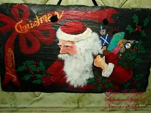 SANTA CLAUS Toys Bag By Arturo E.Reyna Painted on Hundred years old SLATE Signed - Picture 1 of 7
