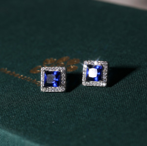 Square Sapphire Blue Pave Princess Cubic Zirconia Silver Stud Earring