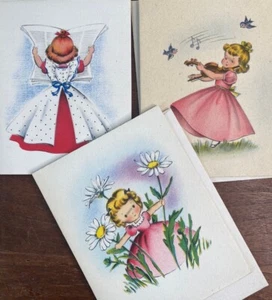 Norcross Vintage Greeting Cards Kitschy Sweet Girls Blank Unused Set 3 - Picture 1 of 8
