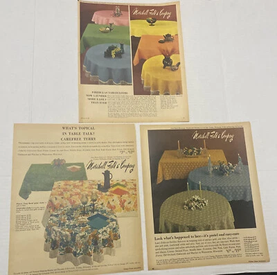 3 LOT Vintage 1960s Marshall Field Print Ads Linen Tablecloths Pastel Lace Prop - Image 1 of 4