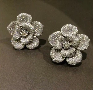 Lab Diamond Pave Set Designer Rose Stud Earring 925 Silver Luxury Estate Jewelry - Picture 1 of 5