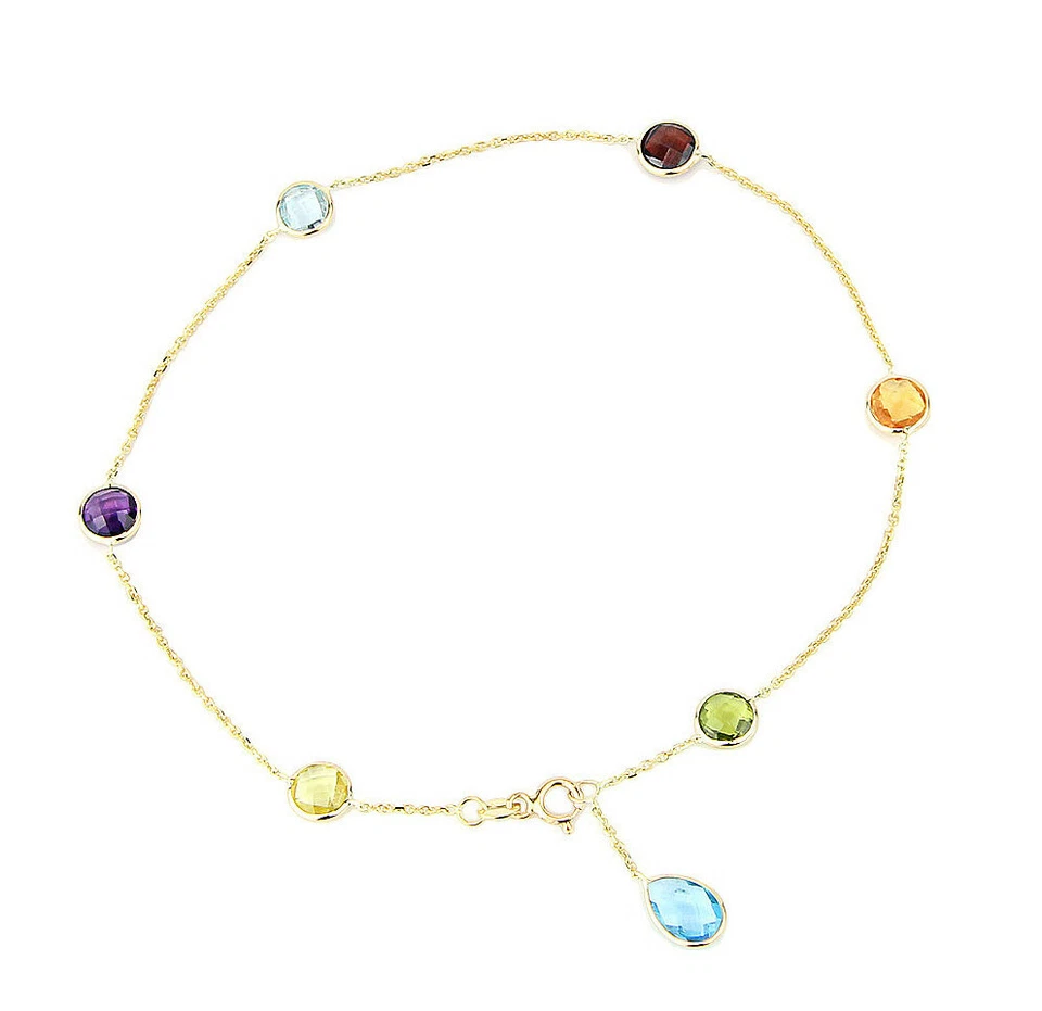 Tobillera de piedras preciosas de oro amarillo de 14K con una gota de topacio azul de 10,5 pulgadas Foto 1 de 1