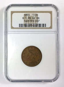 1853 1/2¢ Braided Hair Half Cent B-1 – NGC MS 62 BN (Brown) - Picture 1 of 2