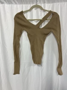 F21 Cropped Long Sleeve Sweater Ribbed Tan V-neck Size XS - Picture 1 of 3