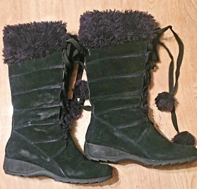 Sporto Women's Black Waterproof Suede Winter  Boots Size 8 Pom Pom Faux Fur Trim - Image 1 of 4