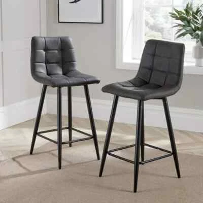 2 Grey Bar Stools Padded Seat Kitchen Breakfast Chairs w/ Black Legs - Image 1 of 4