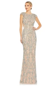 Mac Duggal 5689 Embellished Cut Out Lace Up Cap Sleeve Gown Sz 10 Nude $598 - Picture 1 of 21