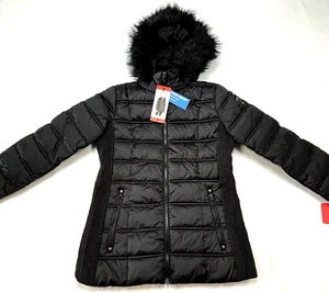 NWT Nautica Puffer Water Resistant Faux Fur Removeable Hood Women's M Coat Black - Picture 1 of 13