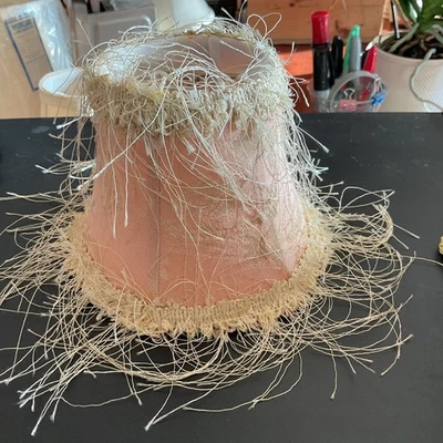 Clip On Lamp Shade~4”H~ x 5-1/2” Pink And Cream~Fabric~w/Eyelash Fringe - Image 1 of 3