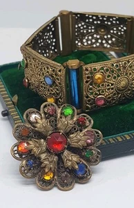 Vintage 1920s Czech Glass Gablonz Bracelet & Brooch Filigree Art Deco - Picture 1 of 24