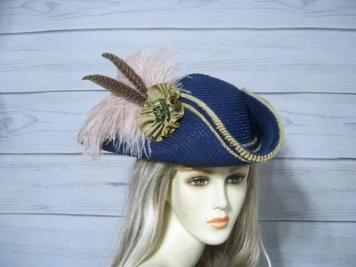 Navy Pirate Hat, Blue Tricorn Hat, Renaissance Hat, Gasparilla. Halloween, 22.5" - Image 1 of 4