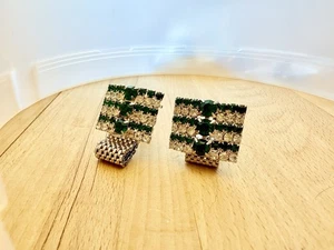 Multi Green White Rhinestones Ornate Silver Tone Mesh Wrap Cufflinks - Picture 1 of 2
