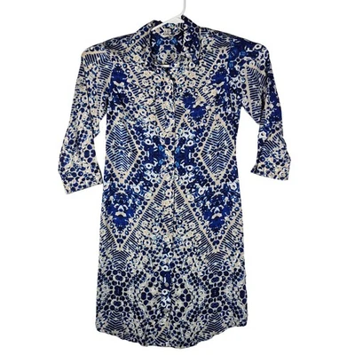 CAbi Sz SMALL Blue White Jewel Button 3/4 Roll Tab Fitted Shirt Dress #422 - Image 1 of 4