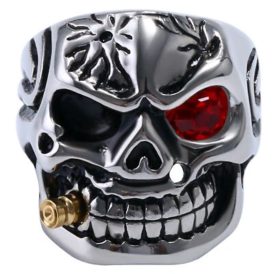 Mens Vintage Stainless Steel Gothic Skull Smoking Ring Cocktail Party Band #7-13 - Image 1 of 4