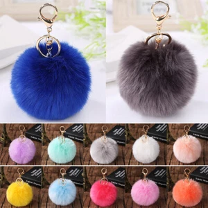 Womens Fluffy Faux Fur Ball Handbag Pendant Pompom Keychain Key Ring Holder Gift - Picture 1 of 36