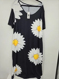 NWT NoraCora Women's Plus Size 3XL Maxi Dress Long Black DAISY Print Floral FLAW - Picture 1 of 5