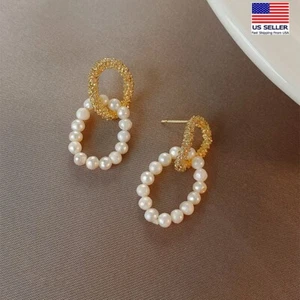 Gorgeous Women 925 Sterling Silver Earrings Deluxe Gold Pearl Circle Tassel 1551 - Picture 1 of 3