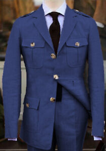 Vintage Men's Suits Safari Jackets Linen Causal Leisure Four Pockets Sports Fit