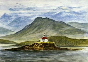 Faro de roca Eldred Alaska pasaje interior enmarañado acuarela estampados artísticos - Imagen 1 de 2