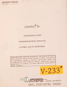 Vickers UMAC 6, Sperry Rand Control, Operations and Programming Manual 1972 - Bild 1 von 5