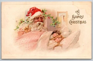 Vintage Postcard A Happy Christmas Santa Watching 2 Little Girls Sleeping *5414 - Imagen 1 de 2