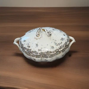 George Jones Sons England Porcelain Serving Dish W Lid Blue Floral Gold 13” - Picture 1 of 9