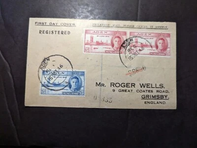 1946 Registered British Aden First Day Cover FDC to Grimsby England - Image 1 of 2