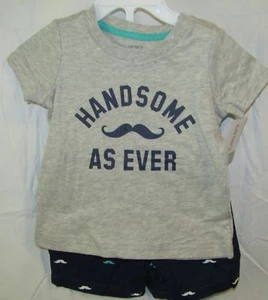 NEW CARTERS BABY BOYS MUSTACHE HANDSOME AS EVER GREY AND BLUE 2-PIECE SET 9M 3T - Picture 1 of 2