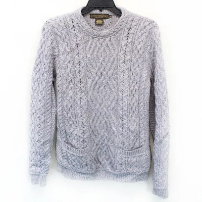 Inis Crafts Ireland Cable Chunky Knit Merino Wool Gray Sweater Pocket Large - Image 1 of 4