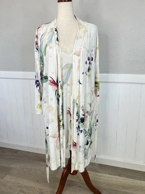 Soma Nightgown Robe Set Lingerie Rayon Stretch Small Watercolor Floral Birds - Image 1 of 4