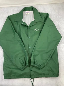 VINTAGE GREEN NYLON BUTTON SNAP JACKET - ADVERTISEMENT LOGO - SIZE LARGE - Picture 1 of 11