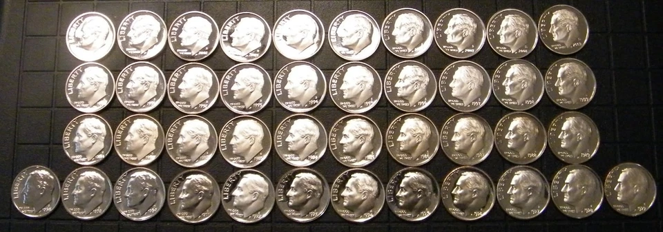 1968~2009 S Roosevelt Dime Gem Proof Run 42 Revestidas Monedas Run Set Estados Unidos Como Nuevo Lote Foto 1 de 4