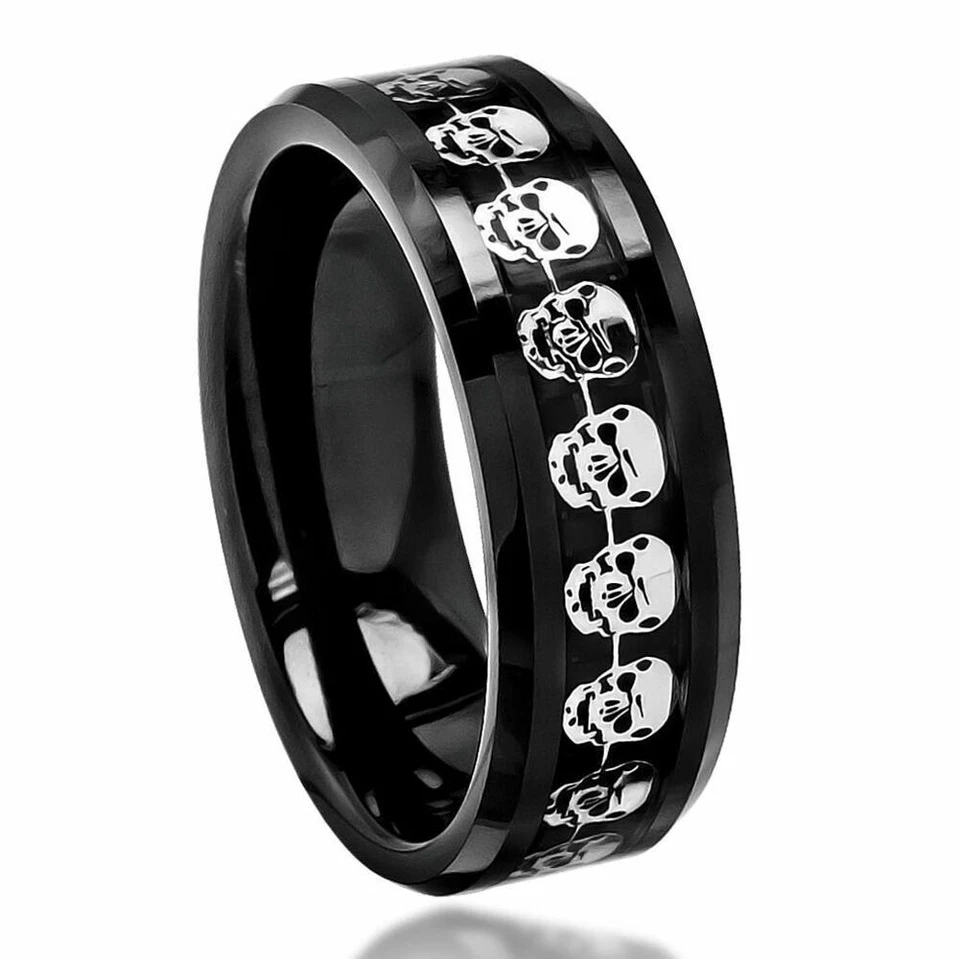 8mm Men's or Ladie's Ceramic Skull Over Carbon Fiber Inlay Wedding Band Ring - Image 1 of 1