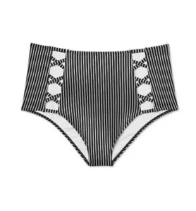 Shade & Shore Women’s S Small Bikini Bottom Black White Striped Caged High Waist - Picture 1 of 8
