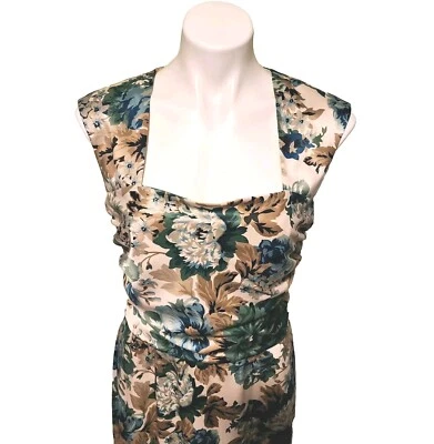 Donna Ricco Blue Green Tan Floral Square Neck Ruche Womens Dress Size 12 - Image 1 of 4
