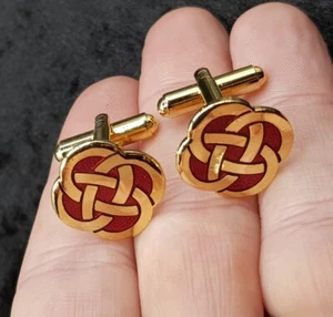 Pair Of Vintage Gold Plated Red Enamel Celtic Knot Cufflinks - Enamelled - Picture 1 of 7