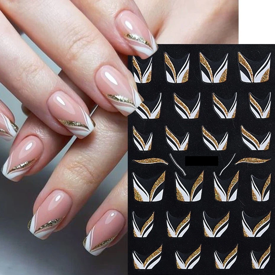 Nagelsticker French Tips Linie Maniküre Mani Schablonen Weiß Gold Glitzer (LSJ72)