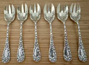 SET OF 6 STERLING DURGIN PARCEL GILT CHRYSANTHEMUM PATTERN ICE CREAM FORKS - Picture 1 of 7