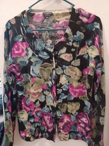 Cardigan TALBOTS Petites 3/4 slv nero multi floreale leggero lana merino MP - Foto 1 di 1