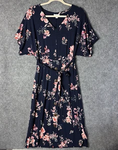 J. Jill Dress Women's Small Blue Pink Floral Midi Belted Short Dolman Sleeves - Picture 1 of 12