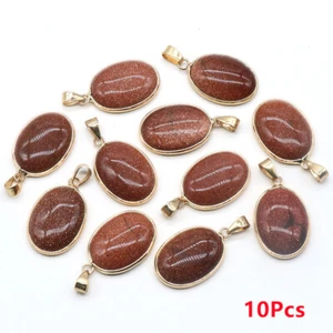 10Pcs 26x19x6mm Copper Wrapping Brown Gold Sand Stone Oval Pendant Bead HT1595 - Picture 1 of 4