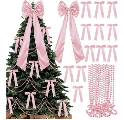 Pink Bow Christmas Tree Decor Set, 30 Small Bows, Large Topper & Bead Garland - Image 1 of 4