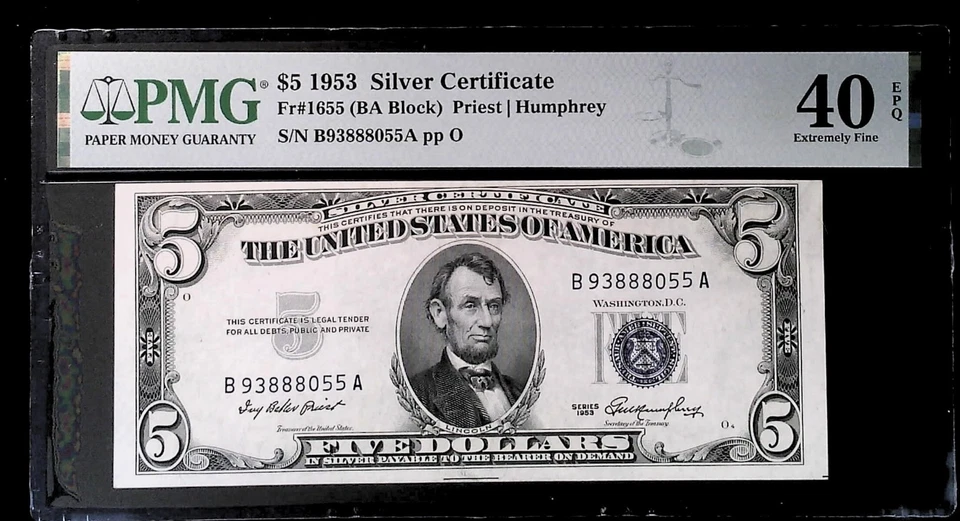 1953 5 DOLLAR Silver Certificate FR. 1655 Blue Priest Humphrey PMG 40 EPQ - Image 1 of 2