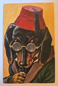 Antique Postcard, Signed Arthur Thiele Humanized Dachshund Dog Wearing Fez 1909 - Picture 1 of 6