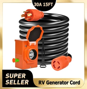 30 Amp 15FT RV cord NEMA L14-30P to L14-30R Generator Cord and Power Inlet Box - Imagen 1 de 15
