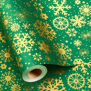 Green Gold Snowflake Christmas Wrapping Paper Roll Metallic Foil 17x33 Ft Gift - Picture 1 of 7
