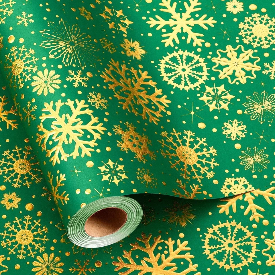 Green Gold Snowflake Christmas Wrapping Paper Roll Metallic Foil 17x33 Ft Gift - Image 1 of 4