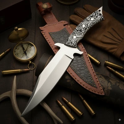 Cuchillo de hoja fija estilo Bowie grande con desplazamiento blanco y negro ornamentado -O190 Foto 1 de 4